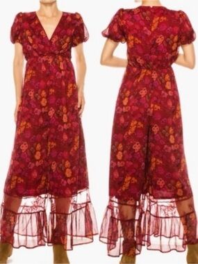 NWT A Collective Story Lace Ruffle Floral Puff Sleeve Wide Leg Jumpsuit Medium